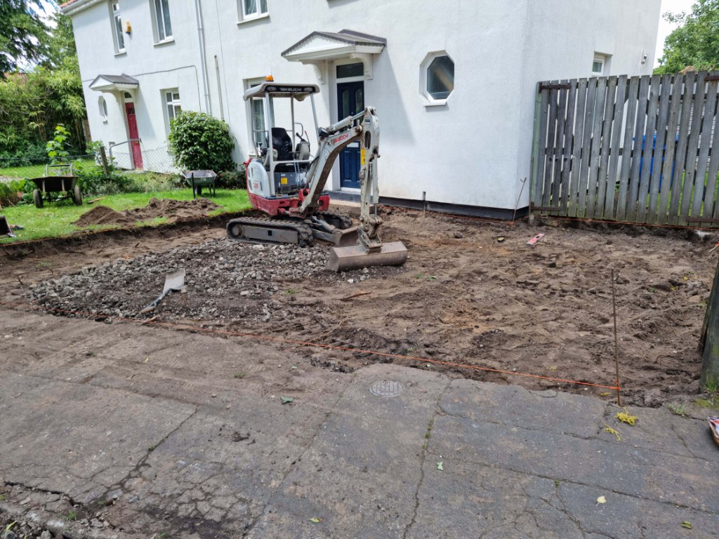 This is a photo of a dig out being carried out by Isleham Driveways in preparation for a block paving driveway